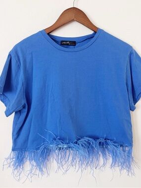 on twelfth Blue Feather-Trim Crop Top medium